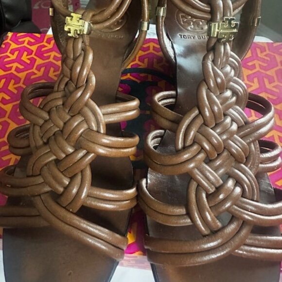 Tory Burch Brown Leather Woven Strappy Small Wedge Sandals Sz 8 - Picture 6 of 10